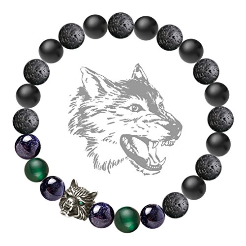 Karseer Antique Silver Viking Wolf Healing Crystal Stress Relief Anti Anxiety Energy Stone Stretch Bracelet Black Natural Onyx Lava Blue Sandstone Green Agate Beaded Animal Friendship Jewelry Gift 7