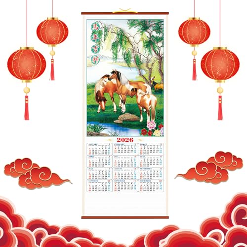 Calendrier du Nouvel An Chinois 2026 Année de Cheval Chine 馬年吉祥 Défilement Mural Calendriers Suspendu Calendrier Chinois Familial Décoration Intérieure pour Journalier Planificateur Home Office