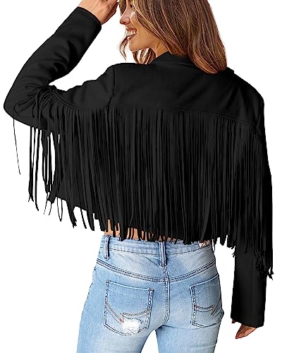 PRETTYGARDEN Women's Fringe Faux Suede Leather Jackets Fall Fashion 2025 Tassel Motorcycle Cropped Coats3