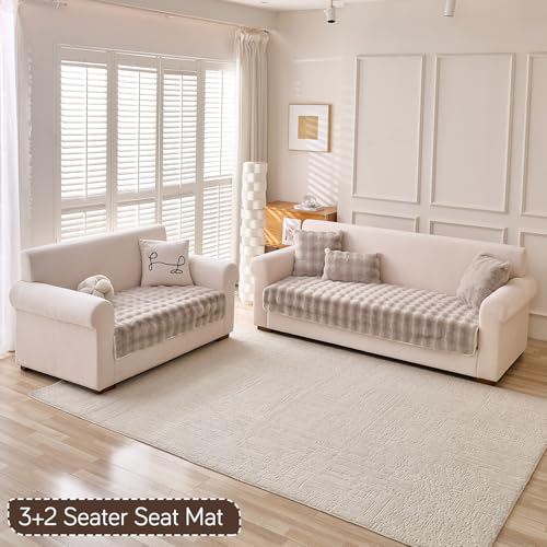 Image of HOKIPO 'FurHug' Luxury Faux Rabbit Fur 3+2 Seater Sofa Mat, Latte Brown (AR-5013-5)
