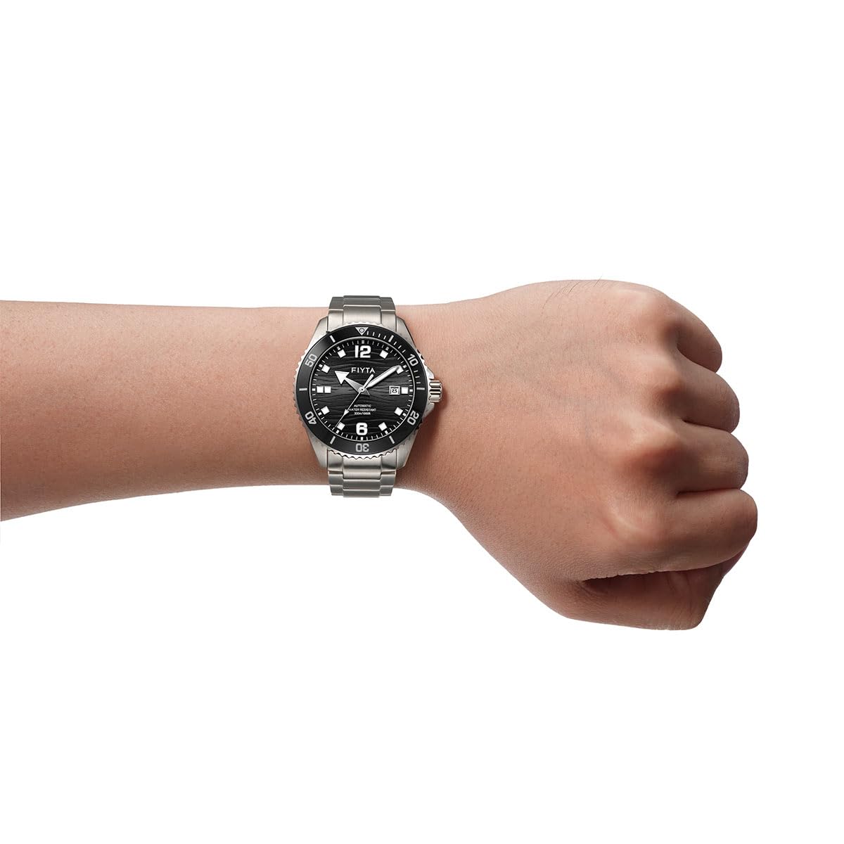 FIYTA Orologio subacqueo da uomo serie Ocean, automatico, indicatori luminosi, lunetta girevole, resistente all'acqua 300 m, 43,4 mm, Quadrante nero/acciaio, Stile subacqueo