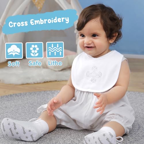 Booulfi Christening Outfits for Boys with Cross Embroidery Baby Cotton Bib and White Christening Sock Set2
