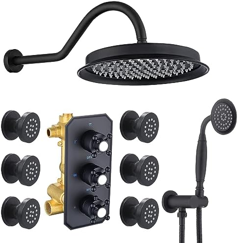 GETSHOWERSET Concealed Shower System Set, Brass Wall Mounted Rain Shower System with Body Jets and Handheld - 3 Function Thermostatic Shower Mixer Set with 9 Inch Rainfall Shower Head, Matte Black