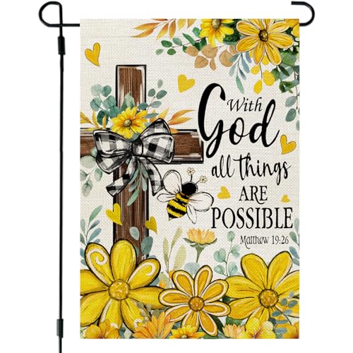 CROWNED BEAUTY Summer Garden Flag Floral Cross God 12x18 Inch Double Sided Small Yellow Seasonal Holiday Decoration for Outside Yard