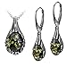 Sterling Silver Green Amber Drop Necklace 18 Inches Leverback Oval Earrings Set