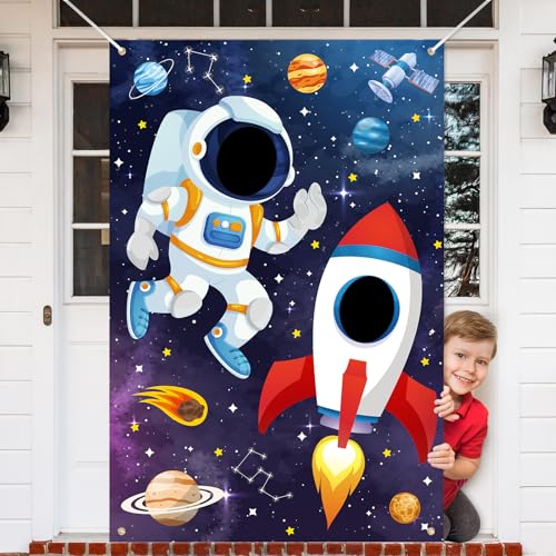 Outer Space Themed Party Decorations Astronaut Photo Booth Prop Backdrop Rocket Ship Galaxy Planet Starry Photography Background Banner Face Cutout Wall Door Cover Birthday Supplies Room Decor Hole
