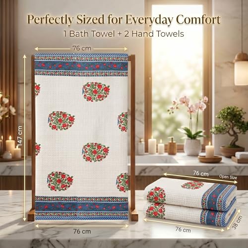 Image of Mafatlal Madhuban Bath & Hand Towel Set (1 Bath 147x76 cm + 2 Hand 76x38 cm) | 250 GSM | Hand Printed Floral Waffle Cotton | Oil Yellow