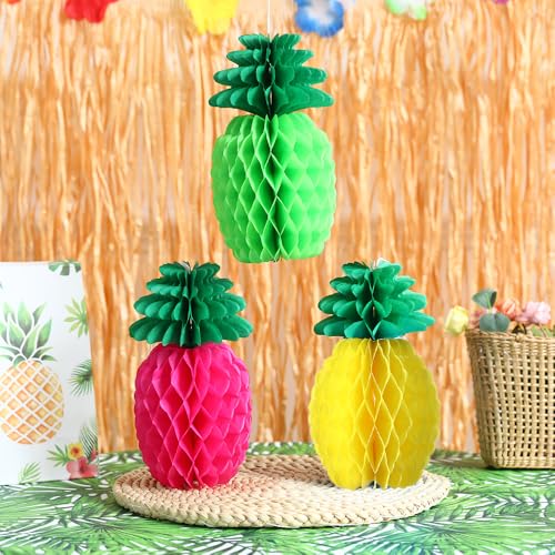 Image of Hawaiian Tropical Birthday Party Decorations, Flamingo and Palm Leaves Banner Pineapple Flamingo Honeycomb Ball Tissue Paper Fan Pom poms Flowers for Summer Luau Beach Party Suuplies
