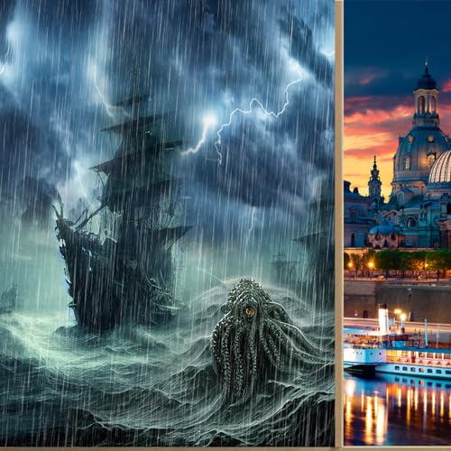 Brebasf Rustic Nautical Pirate Ship Design Window FilmFantasy Nautical Theme Ocean Animals Octopus Pirate Ship Waves Suitable for Living Room,Kitchen,Bathroom-35.4W x78.7L in x1Pcs