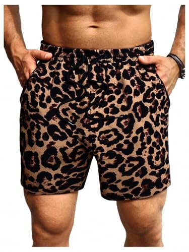 Floerns Men's Boho Paisley Graphic Print Drawstring Waist Essentials Summer Bandana Shorts with Pocket Brown Leopard Large