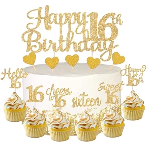 Wolpark 85Pcs Glitter Gold 16th Birthday Decorations Sweet 16 Cake Topper and Heart Cupcake Toppers Happy 16th Birthday Cupcake Picks Party Supplies for Birthday Anniversary Cover