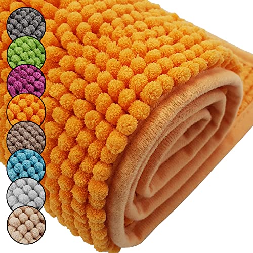 DILUMA Badematte Chenille 2er Set 50x80cm + 45x50cm Orange Rutschfester Hochflor Badteppich Wellness...