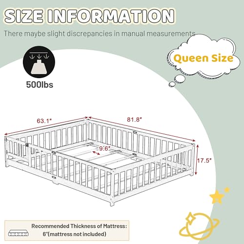 MoproBeti Queen Floor Bed with Safety Guardrails for Kids, Rubber Wood Montessori Bed with Slats and Convertible Door,Queen Size Bed Frame for Girls and Boys,No Box Spring Needed,Espresso