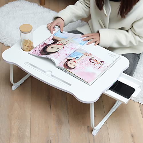 Foldable Laptop Bed Table Lap Desk Stand, Serving Tray Dining Table With Slot, With Foldable Legs & Cup Slot，Notebook Stand Holder, Working, Watching Movie On Bed/Couch/Sofa/Floor (White) #TOP4