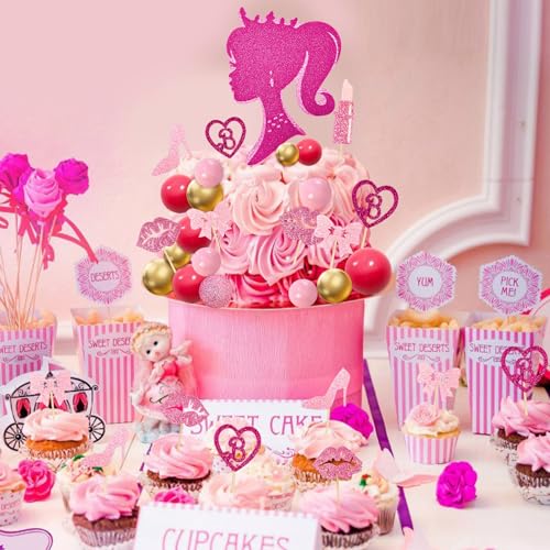 MEMOVAN Hot Pink Girl Cake Topper 31PCS -Princess Makeup Cake Topper Decoration with Pink Gold Ball Glitter High Heel Lipstick Lips Bow Tie for Bachelorette Boho Girl Hot Pink Princess Theme Party by MEMOVAN - Image 6