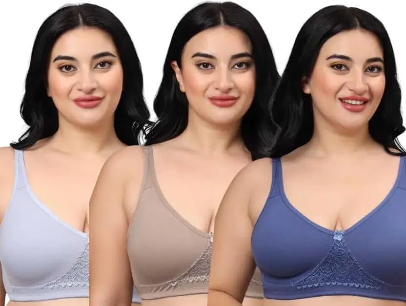 narsingha dreams Women's Cotton Blend Non-Padded C-Cup Heavy Bust Full Coverage Non-Wired Plus Size T-Shirt Everyday Bra Combo Pack of 3-picture-44