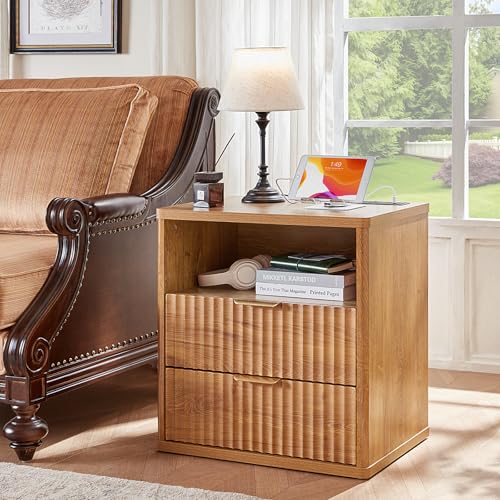 Image of LEYAOYAO Fluted Nightstand with Charging Station, 23 inch Modern Night Stand with Woodgrain Top, 2 Drawers End Table w /Storage, Bedside Tables for Bedroom, Living Room, Curved Profile Design,Brown