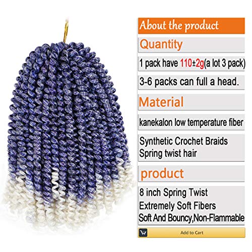3 Pack Spring Twist Ombre Colors Crochet Braids Synthetic Braiding Hair Extensions Low Temperature Fiber (Purple&White) - Thumbnail 2