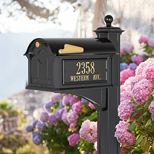 Whitehall Custom Extra Large Mailbox - Balmoral Model With Address Plaques And Side Mount Post Package, Sand Cast Aluminum, Black Personalized In Goldtone #TOP1