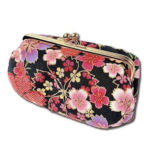 Kiss Lock Small Makeup Bag for Purse [ Made in Japan] Traditional Edo Komon Design Cute Cosmetic Pouch (Cherry blossom (Black))