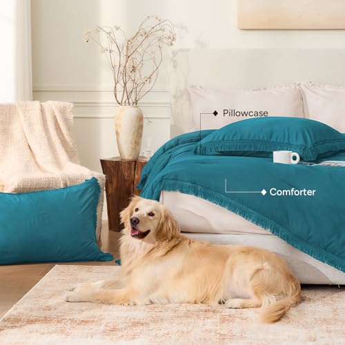 Image of Andency Turquoise Comforter Twin Size, 2 Pieces Boho Teal Tassel Lightweight Bedding Comforter Sets for Twin Bed, Teal Blue All Season Soft Fluffy Fringe Bed Set (66x90In Comforter & 1 Pillowcase)