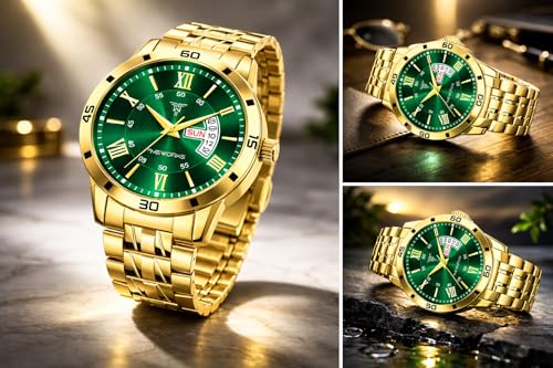 Image of TIMEWORKS Stainless Steel Designer Golden Round Shape Day & Date Dial Men's & Boy's Analog Watch, Band Color:Gold