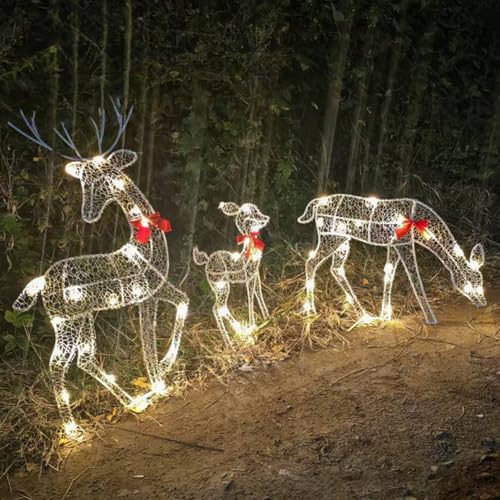 Weihnachts-Rentier-Dekoration, LED-beleuchtet, 3 Stück, Metall, Garten, Outdoor, Hof, Urlaub, Hirsch, Ornamente, weiß glitzernd