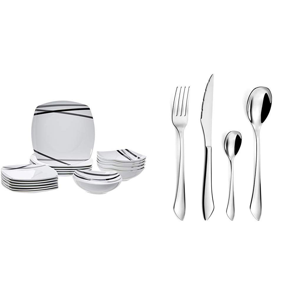 Amazon Basics Service de table 18 pièces - Lignes modernes, pour 6 personnes & Amefa Instinct Ménagère 24 pièces - Coffret 6 personnes, Acier inoxydable, Finition brillante, 13,7 x 7 x 26,5 cm