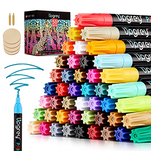 50 Packs Paint Pens Upgrey Oil-Based Paint Marker 3.0mm Permanent Waterproof Quick Dry Markers Set Bonus with 4 Wood Slices, 2 Replaceable Nibs, Ideal for Rock, Canvas, Glass, Paper, Pottery, Plastic