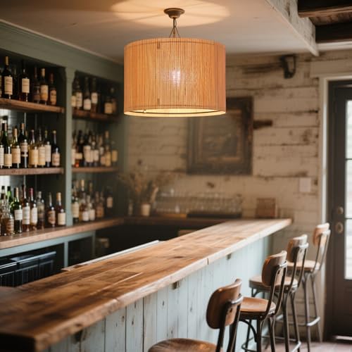 Image of Pendant Lamp Shade, Translucent Bamboo Made, 13.8x9 Inch, Modern Minimalist Style for Living Room, Bedroom (Colorful Line)