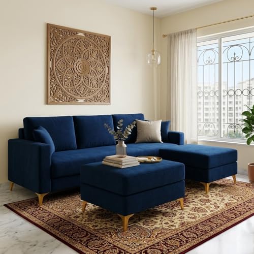 Image of SOCOZI Bravelle 5 Seater L Shape Sofa Set with 2 Movable Ottomans | Flexible Layout| Soft Velvet Suede Fabric|Modern Sofa | Plush Comfort Cushions for Living Room (Dark Blue)