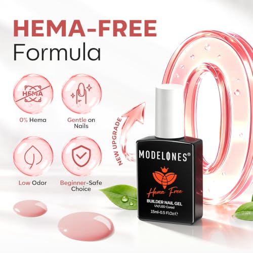 Image of modelones Builder Nail Gel Neutral Nude Pink HEMA-Free Builder Color Gel Polish | 8-in-1 Rose Blush Pink Rubber Base Gel Polish Strengthener for Nail Extension, Natural Apex, Weak Nail Support, U /V Cured