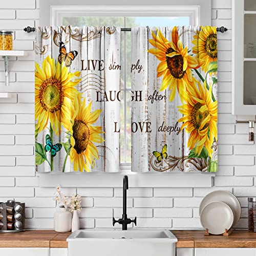 Jekeno Sunflower Floral Kitchen Curtains - Flowers Butterfly Short Curtains Old Rustic Wood Barn Door Farmhouse Decor for Home Dining Living Room Rod Pocket Window Drapes 2 Panels Set, 28"x36"