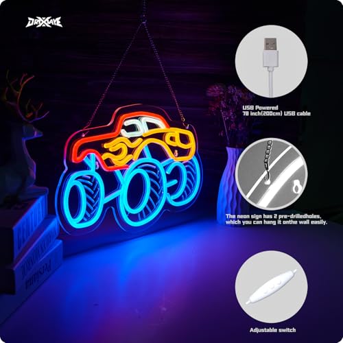 Image of Monster Truck Neon Sign for Wall Decor Teen Room Decor Gifts for Birthday Kids Boys Room Playroom Decor(16 x10.2 in)