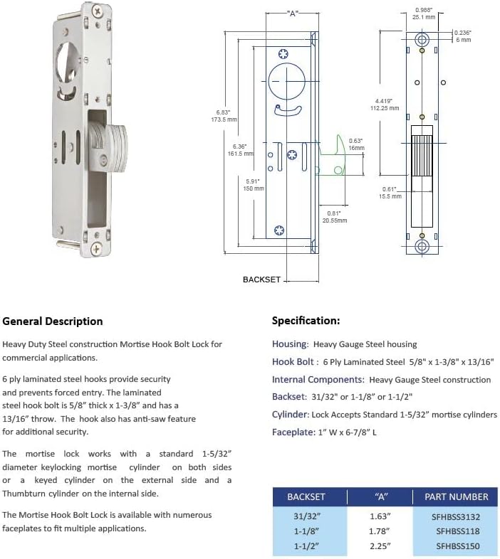 Rockwell Security Steel Housing with Stainless Steel Deadlocking Hook Mortise Lock 31/32" Backset