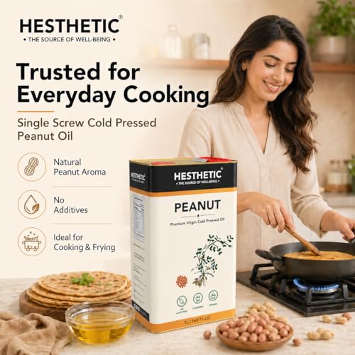 Image of HESTHETIC Cold Pressed Peanut (Groundnut) Oil 5L Family Pack | Pure Moongfali Ka Tel | Unrefined High-Smoke-Point Cooking Oil, Rich in MUFA | Ideal for Indian Kitchen