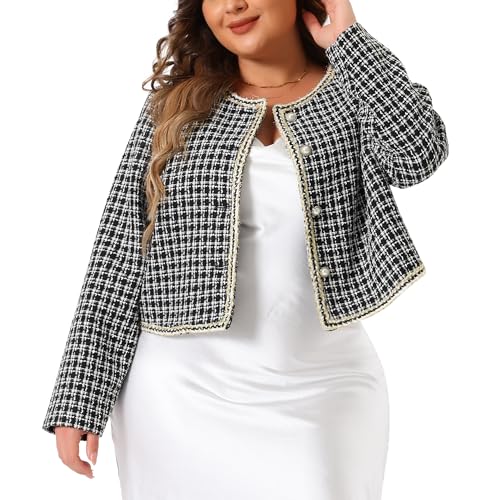 Agnes Orinda Plus Size Plaid Tweed Blazer for Women Collarless Long Sleeve Open Front Work Short Jacket