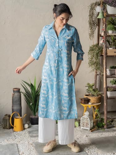 Image of ANNI Designer Women Printed Straight Kurta Palazzo Set | Viscose Blend Button Front Collar Neck Three Quarter Sleeve | Ethnic Outfit Ladies Office Casual Stylish Wear
