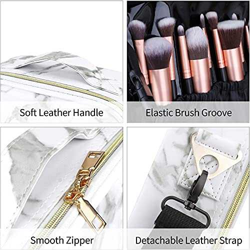 OEWOER Travel Makeup Bag 10.2'' Makeup Train Case Organizer Portable Cosmetic Bag with Adjustable Dividers and Shoulder Strap Marble Leather Make Up Bags for Makeup Brushes Toiletry Accessories