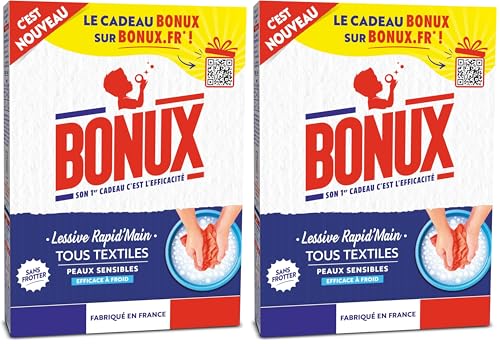 Bonux – Lessive Poudre Rapid’Main – Nettoie en Profondeur à la Main – Pour Linge Blanc et Couleur – Adaptée Aux Peaux Sensibles – 450g (Lot de 2)