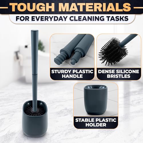 Image of Toilet Brush and Holder Set - Silicone Toilet Brush Cleaner with Dark Grey Holder Base, Compact Accessory for Small Spaces - Easy to Place & Simple to Store After Use, Plastic Bathroom Cleaning Tool