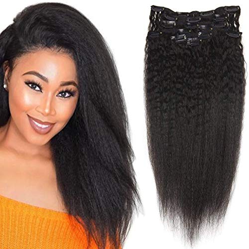 Fshine Kinky Straight Clip In Hair Extensions 8 Inch Natural Black Human Hair Extensions Remy Brazilian Extensions Double Weft 7 Pieces 100g Per Set