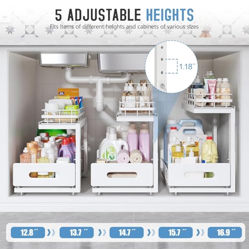 Image of Under Sink Organizer Upgrade To Professional Rails,2-Tier Dual Pull Out Cabinet Storage,Height Adjustable Slide Out Drawers For Bathroom Kitchen,2 Pack-16.7 inchDx12.8 inch-16.9 inchH,White