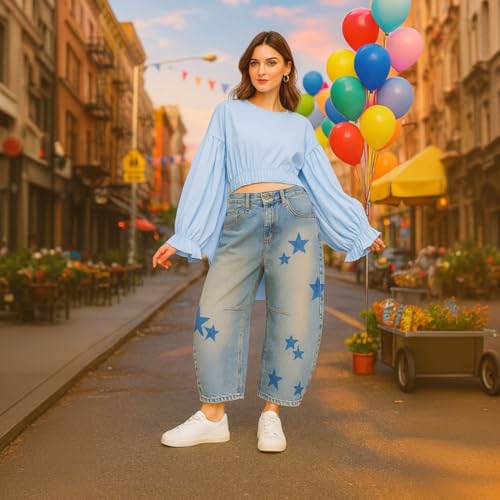 Floral Barrel Jeans Women, Casual Daisy Flower Wide Leg Baggy Y2k Mid Rise Denim Ankle Pants Streetwear3