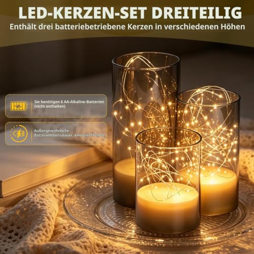 3er Set Led Kerzen mit eingebauter Feenlichtkette für Wohnkultur Hochzeiten – Bild 5