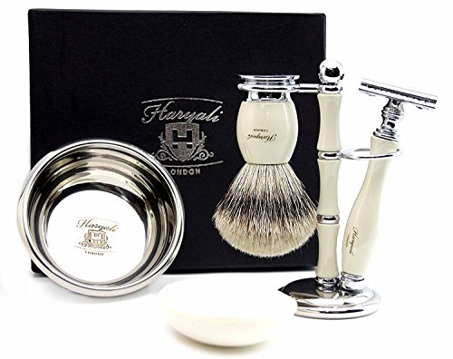 Haryali London 5 Pc Mens Shaving Kit Double Edge Shaving Razor With Silver Tip Badger Hair Brush, Stand, Soap And Bowl Perfect For Men