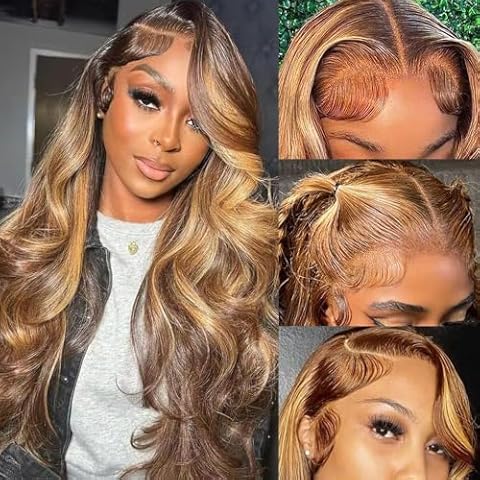Caijuxing 4/27 Highlight Lace Front Wigs Human Hair Body Wave 13x6 HD Lace Frontal Wig Ombre Body Wave Lace Front Wig Human Hair Pre Plucked Highlight Lace Front Wig Human Hair 180% Density (28 Inch) Cover