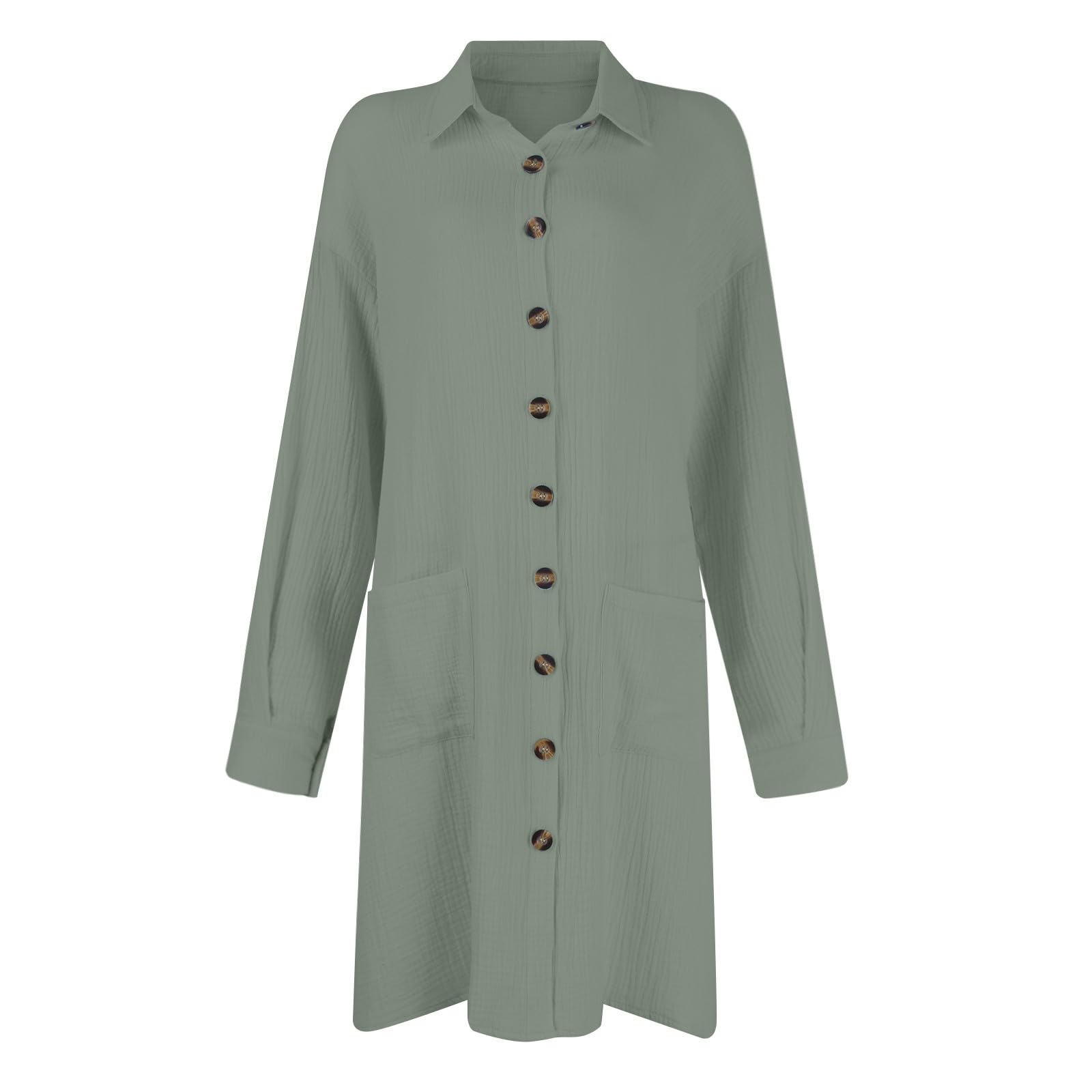 Vestido de lino para mujer, de verano, largo hasta la rodilla, muselina, vestido camisero, ligero y aireado, vestido holgado, vestido midi liso, elegante, vestido de blusa, cuello en V, manga