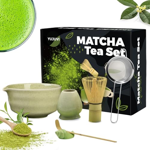 YUJUVI Té Matcha Kit de Ceremonia Japonesa Matcha Set 6 piezas Batidora de Matcha de Bambú, Cuenco de Matcha, Cuchara,Portacucharas, Kit de Ceremonia Matcha (Color de Matcha Kit 6 PCS)