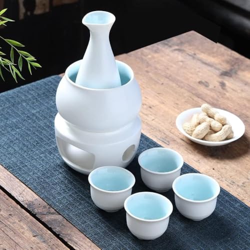 KryZaro美濃焼禅スタイル黒磁器酒器セット|日本酒・焼酎用熱燗器付 冷・温・熱三用燗瓶 + 酒カップ + 温暖化ボウル